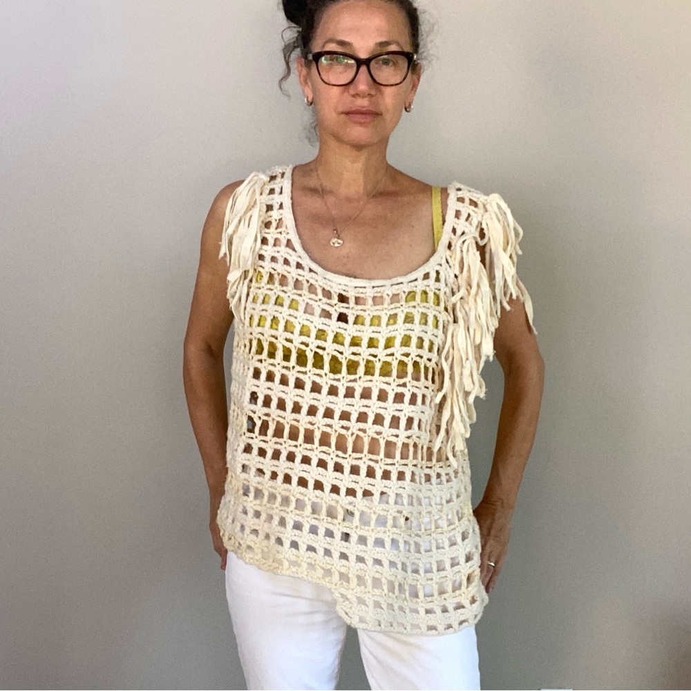 ALLSAINTS ivory crochet tassel vest sleeveless fringe top Sz 8